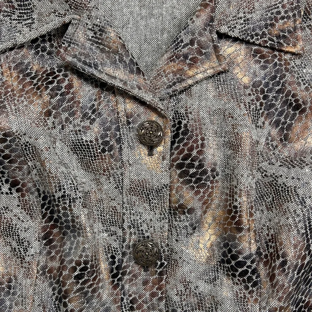 CJ Banks Jacket Womens 2X Snakeskin Print Metallic Button Front Grey Gold Pocket